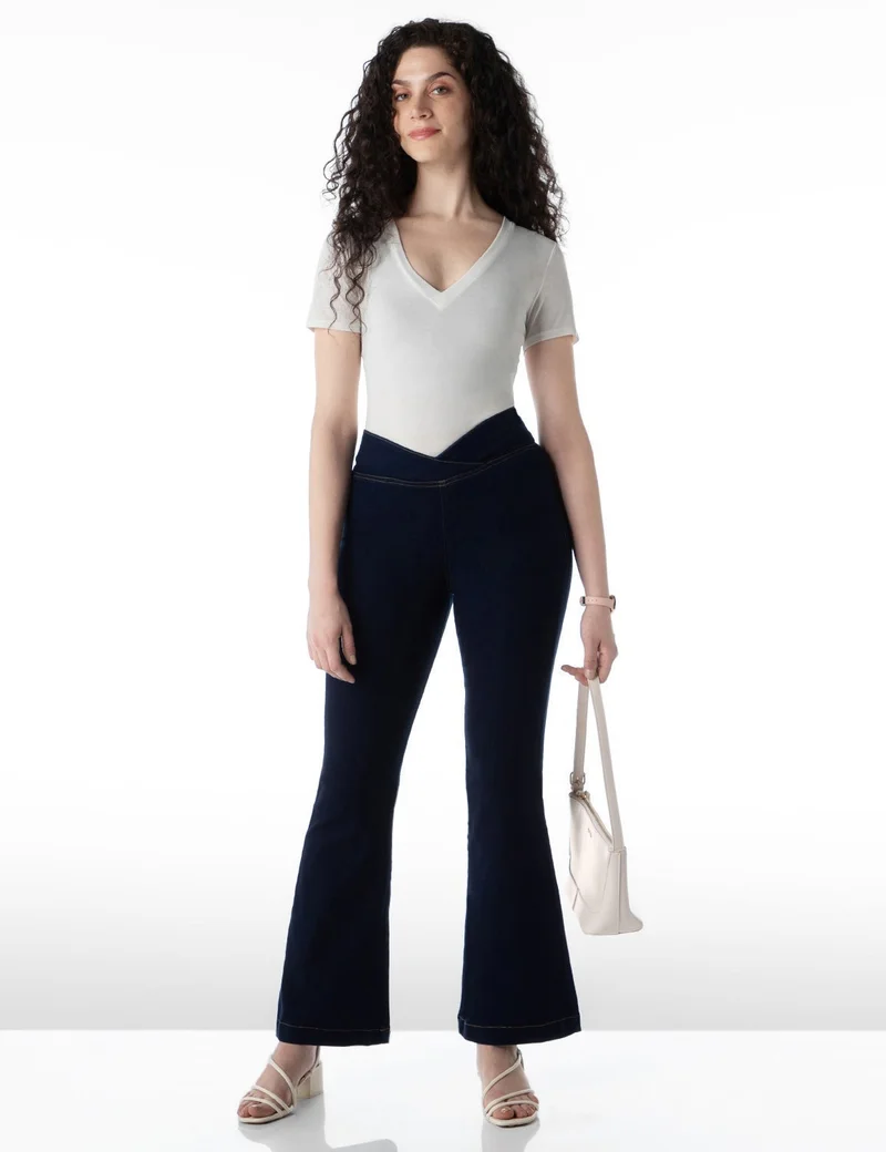 inkd Dark Knight Women's Flared Pull-on Jeans - Mid-Rise| Enzyme Wash | Slant Waistband | Jeans for Women for Women | Best Price UAE